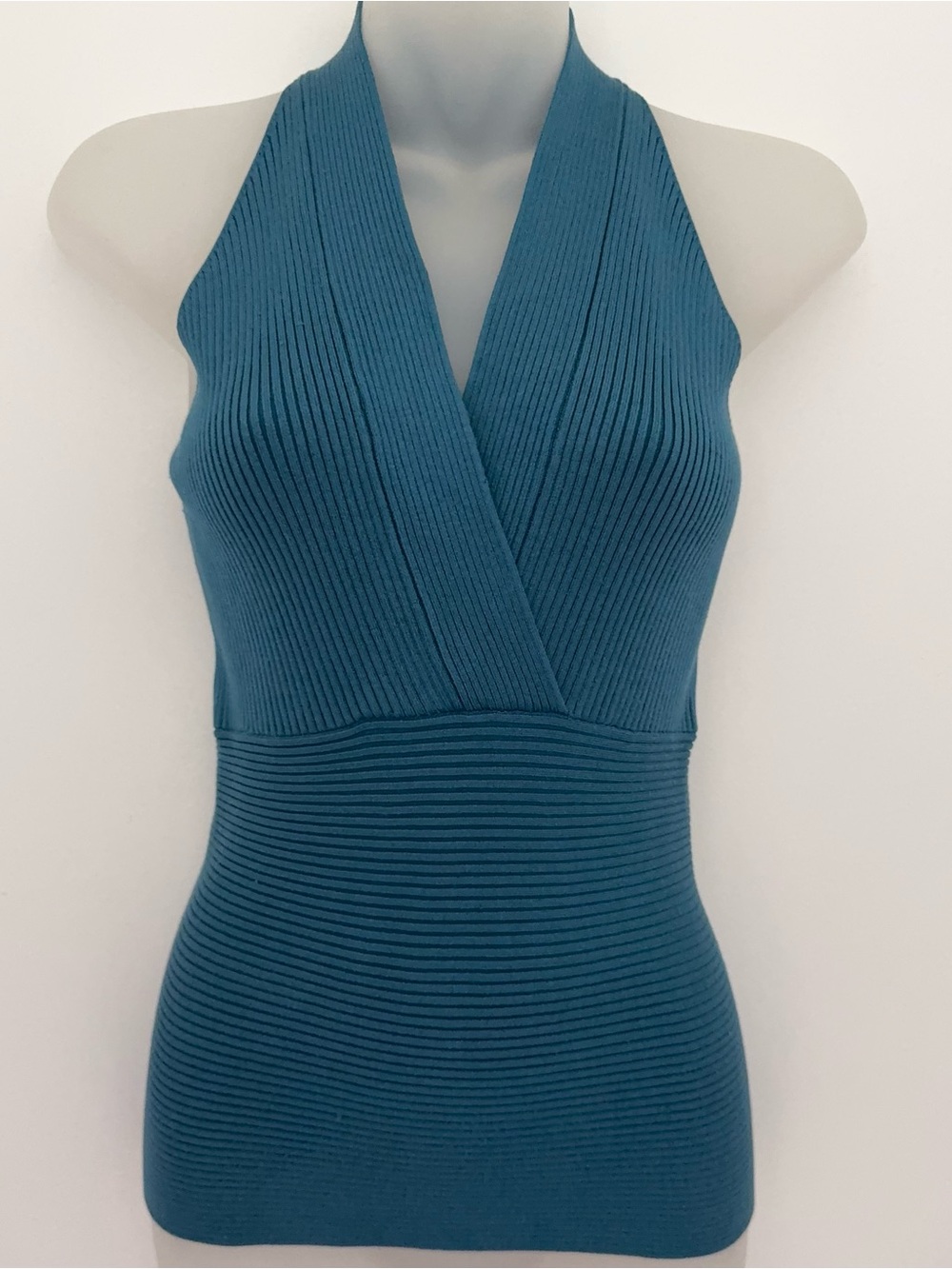 Sleeveless Ribbed Halter Top in Teal Blue silk blend Y2K Britney Spears vintage
